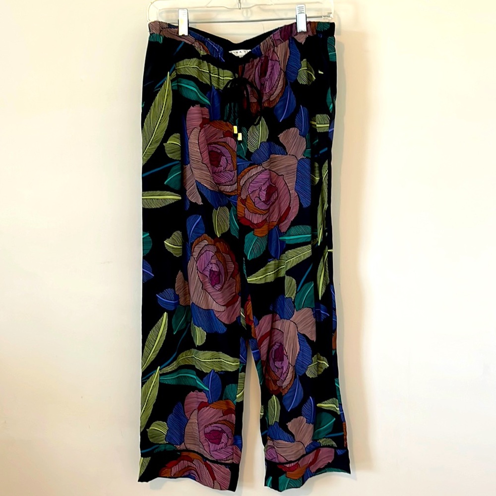 Trina Turk black floral drawstring silk pants size Medium